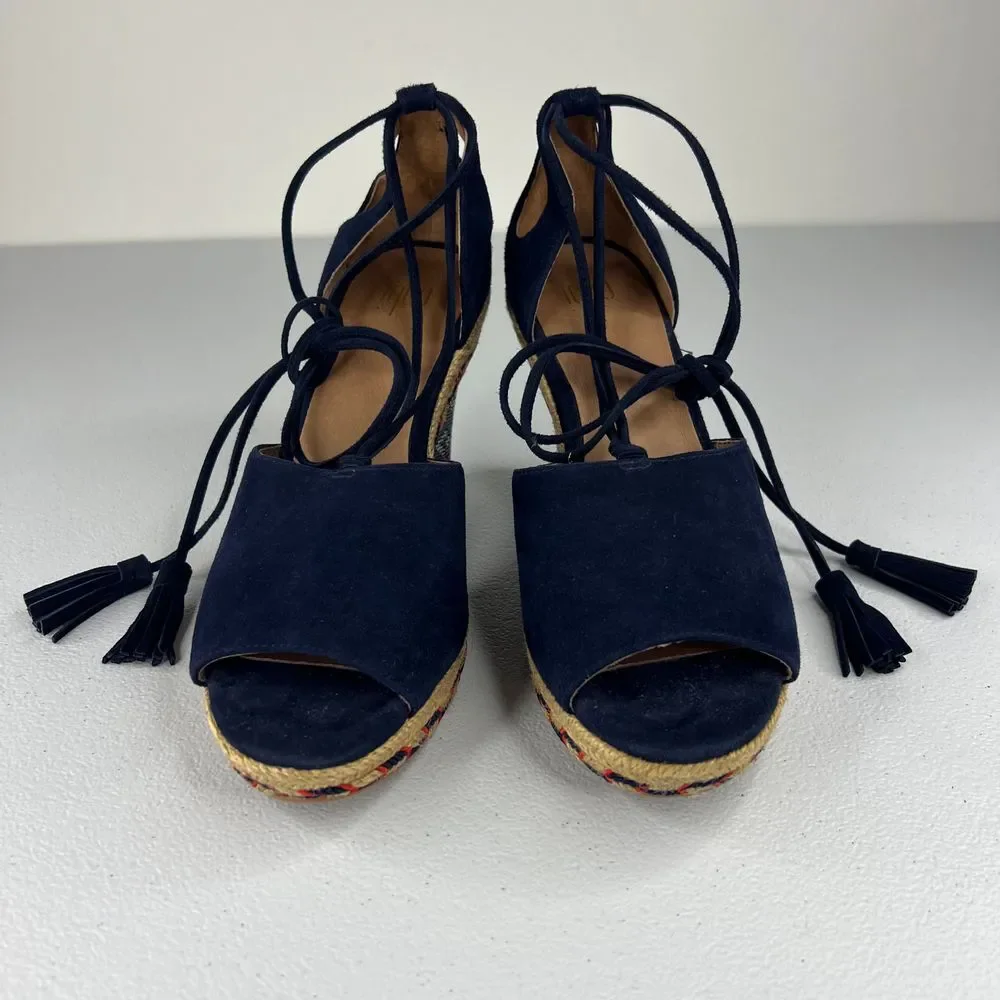 Cabi Isla Espadrille Wedge Sandal Navy Blue Suede Ankle Tie Up Tassels Western 6